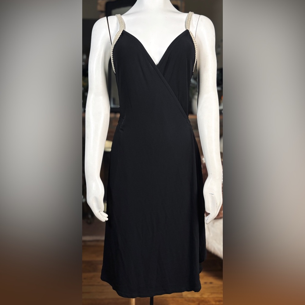 Yigal Azrouel Black Rayon Wrap Dress w/ Open Back & Braided Tan Straps, Sz M